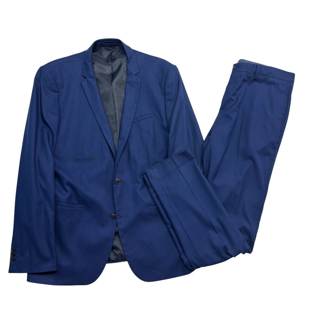 Zara Man 46L 36x34 Slim Fit Navy Blue 2pc Pant Suit All Season Flat Front Mens